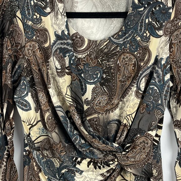 Conrad C Top Blouse Size L Brown Beige Paisley 3/4 Sleeve Round Neck Stretch - Picture 3 of 9